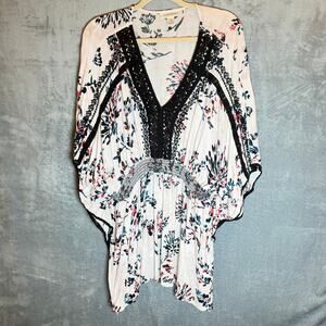 Motherhood Maternity 2X Floral Boho Tunic Top Crochet Trim Empire Waist